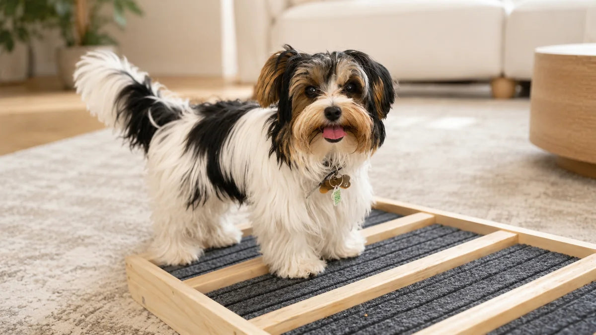 Small dog standing confidently on the Henley dog ramp