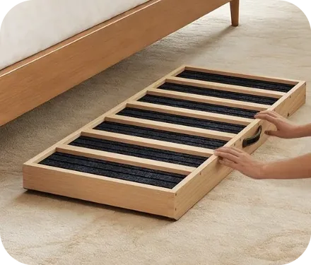 The folded ramp stored flat under a bed