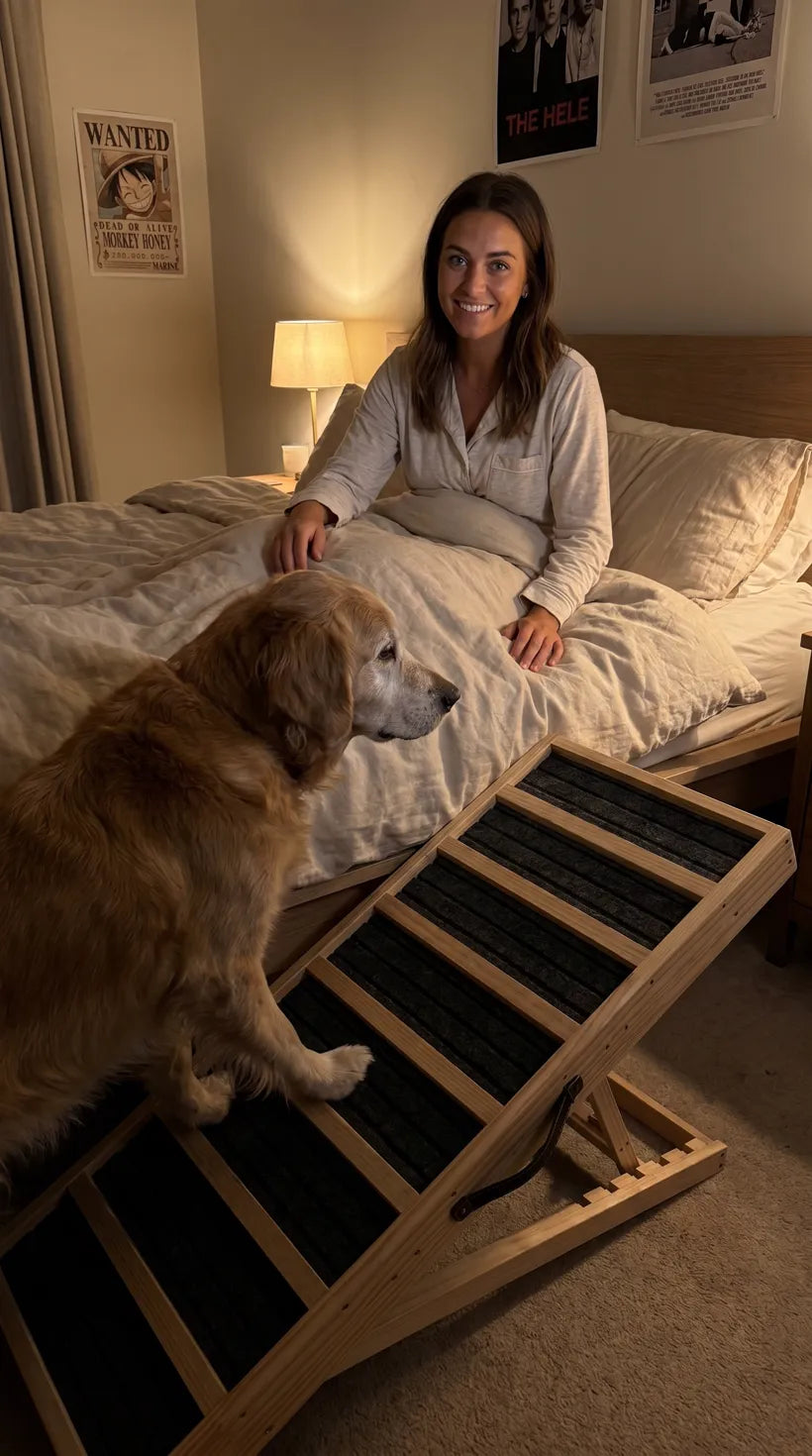 Senior golden retriever climbing the ramp up to bed