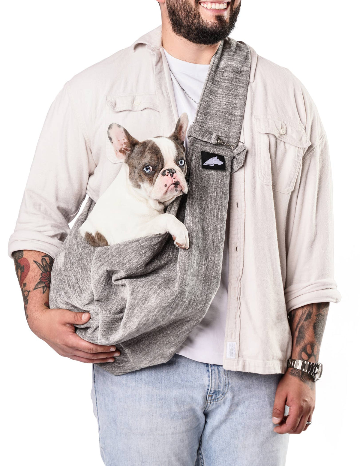 Sierra Sling pet carrier in Gray, worn with a French bulldog inside