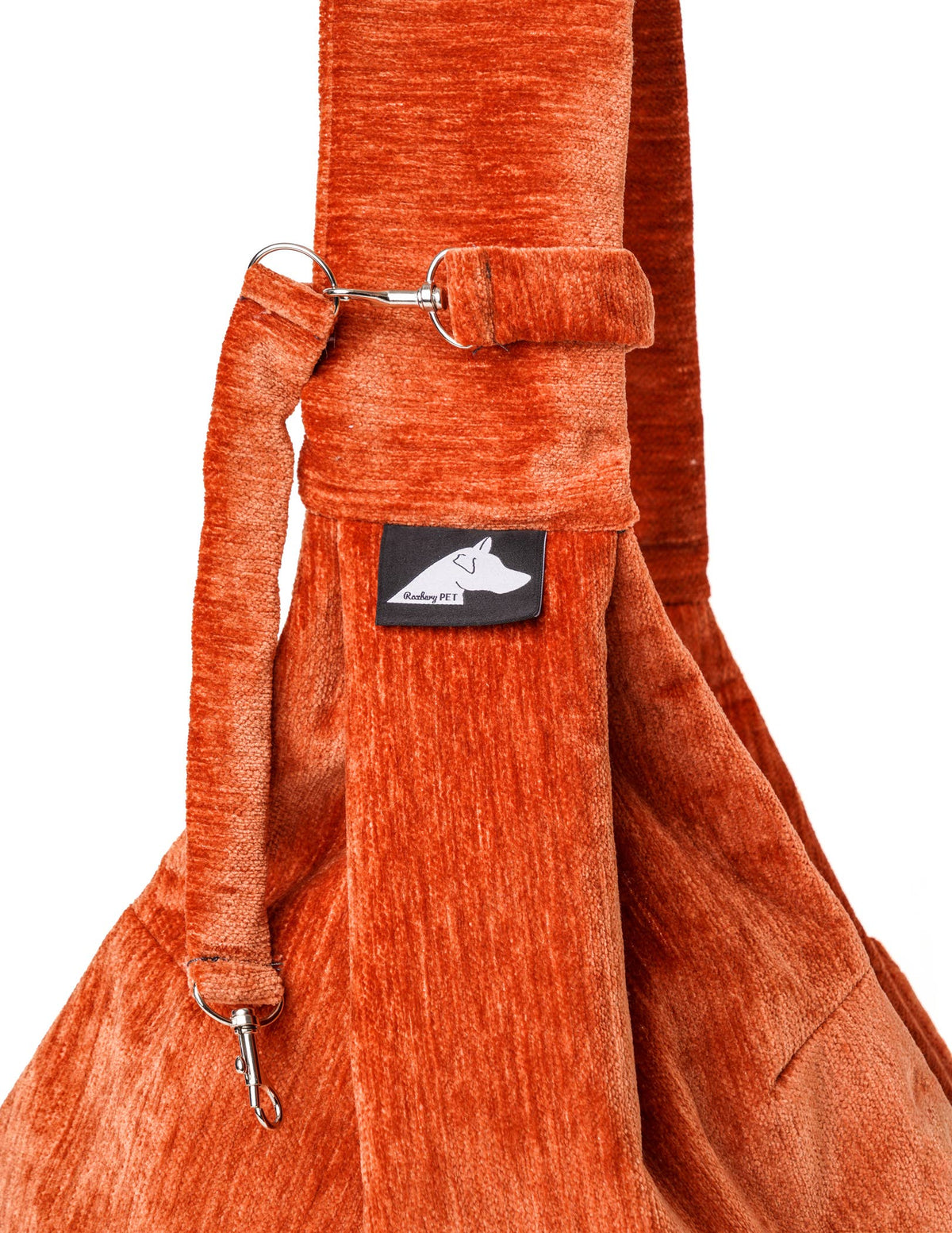 Sierra Sling in Autumn, close-up of the strap clip and chenille fabric