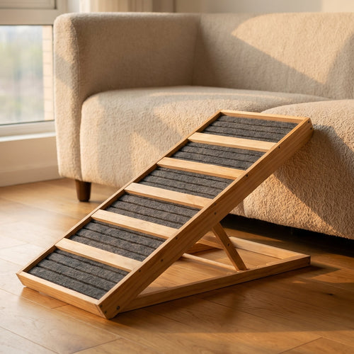[Small] Henley & Bone 39″ wooden dog ramp resting against a cream sofa in sunlight