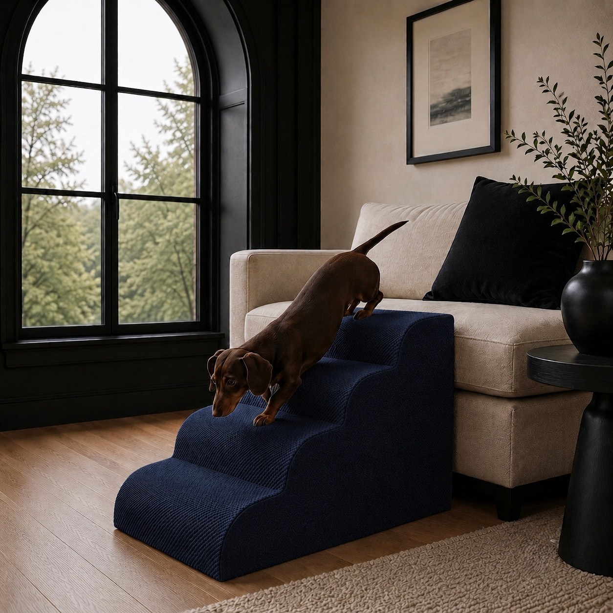 Navy — a chocolate dachshund walking down the Henley Doxie Stairs in Navy from a cream sofa [dachshund]