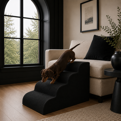 Black — a chocolate dachshund walking down the Henley Doxie Stairs in Black from a cream sofa