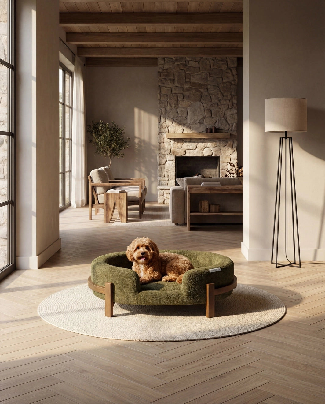 The Chic Henley Dog Bed in Eucalyptus, with a goldendoodle resting in the nest in a sunlit living room