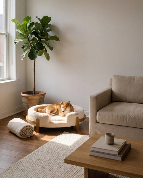 The Chic Henley Dog Bed in Sandstone, with a shiba inu curled up beside a linen sofa
