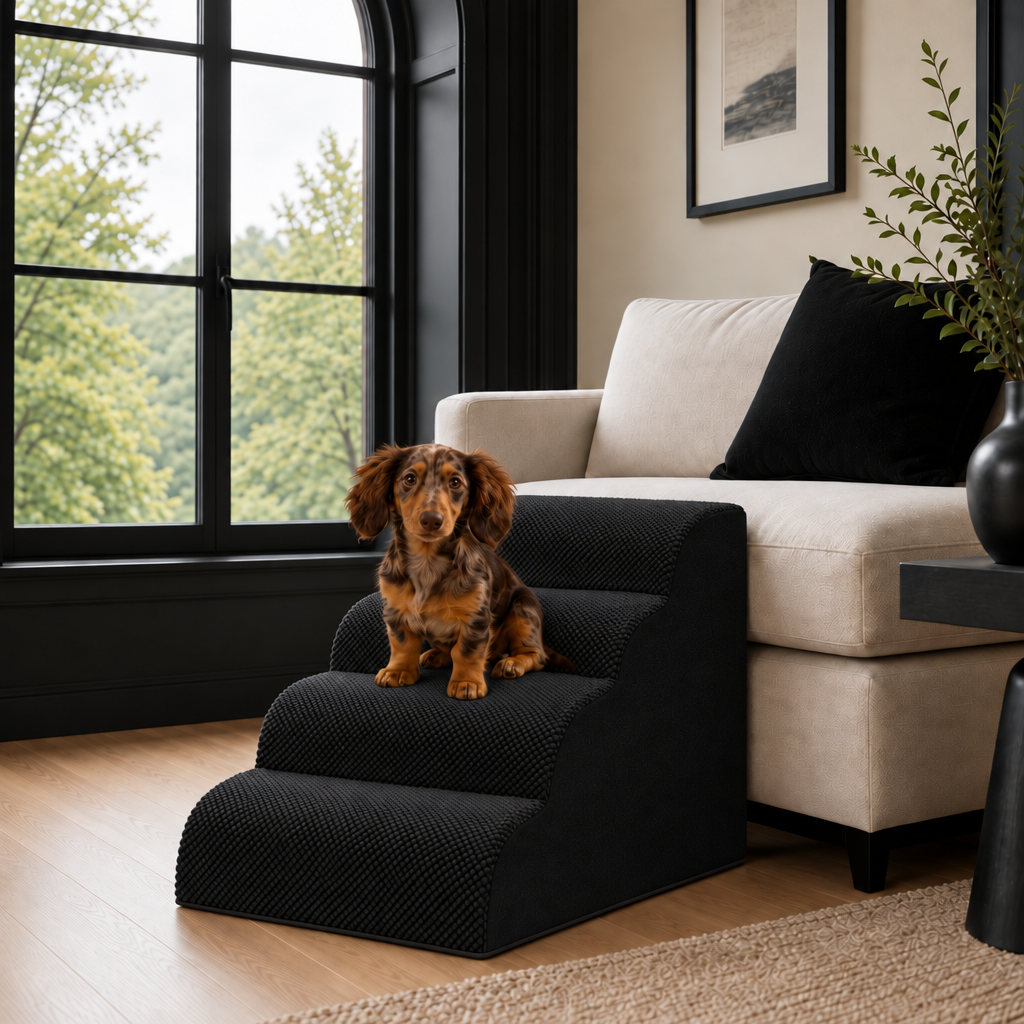 4-step Henley Doxie Stairs in black beside a cream sofa, a dachshund sitting on the top step [dachshund]