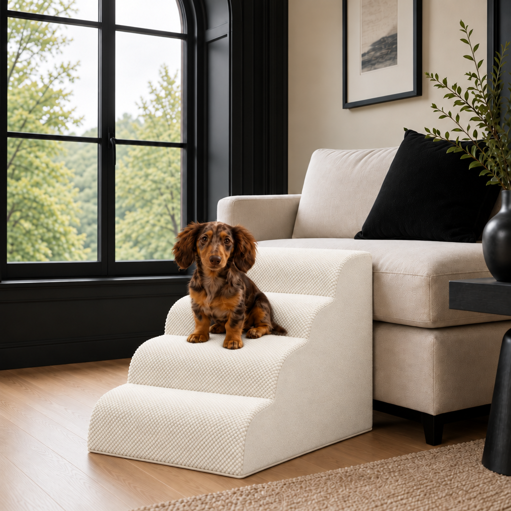 4-step Henley Doxie Stairs in ivory beside a cream sofa, a dachshund sitting on the third step [dachshund]