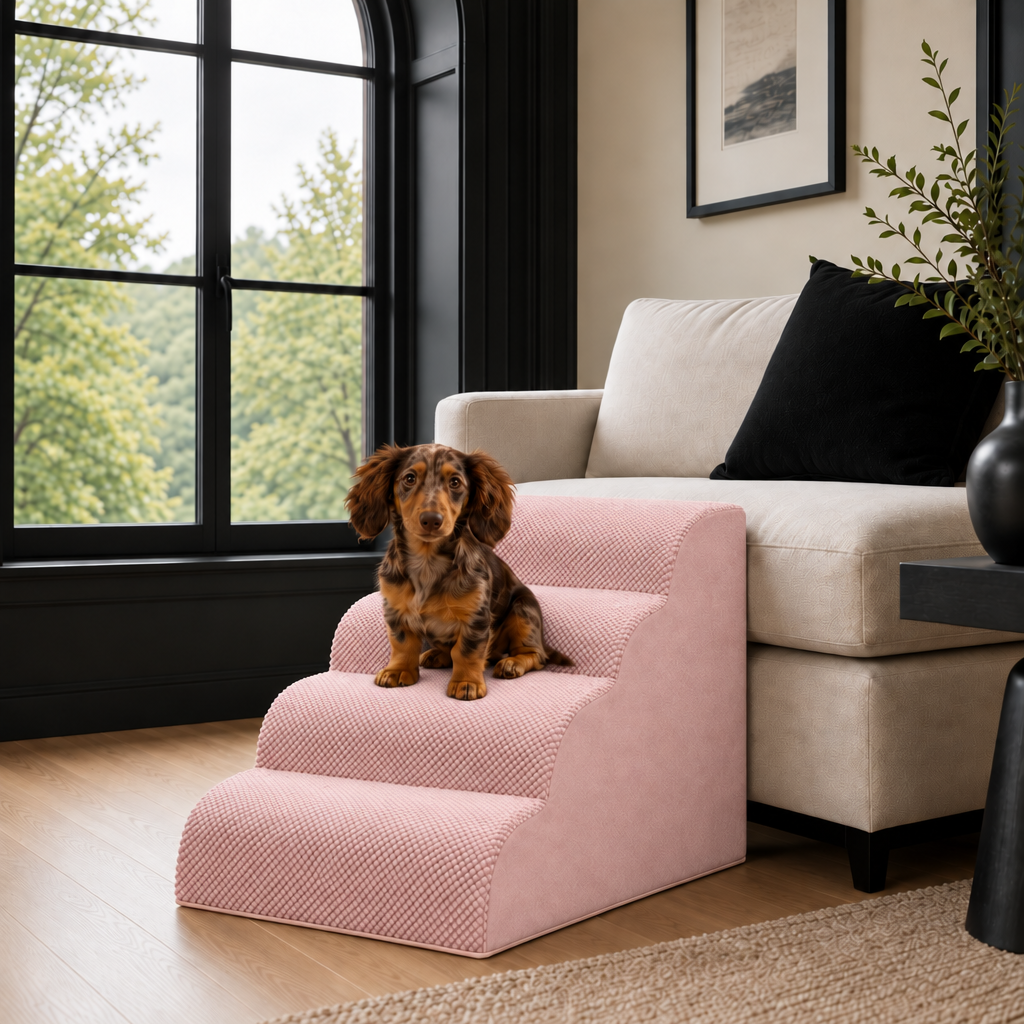 4-step Henley Doxie Stairs in pink beside a cream sofa, a dachshund sitting on the top step [dachshund]