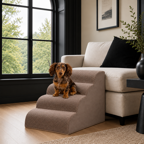 4-step Henley Doxie Stairs in taupe beside a cream sofa, a dachshund sitting on the top step [dachshund]