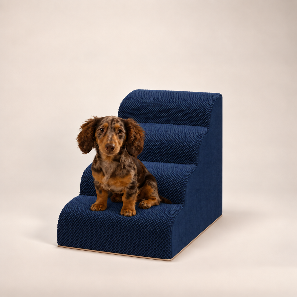 4-step Henley Doxie Stairs in navy, studio shot with a dapple dachshund sitting on the bottom step [dachshund]