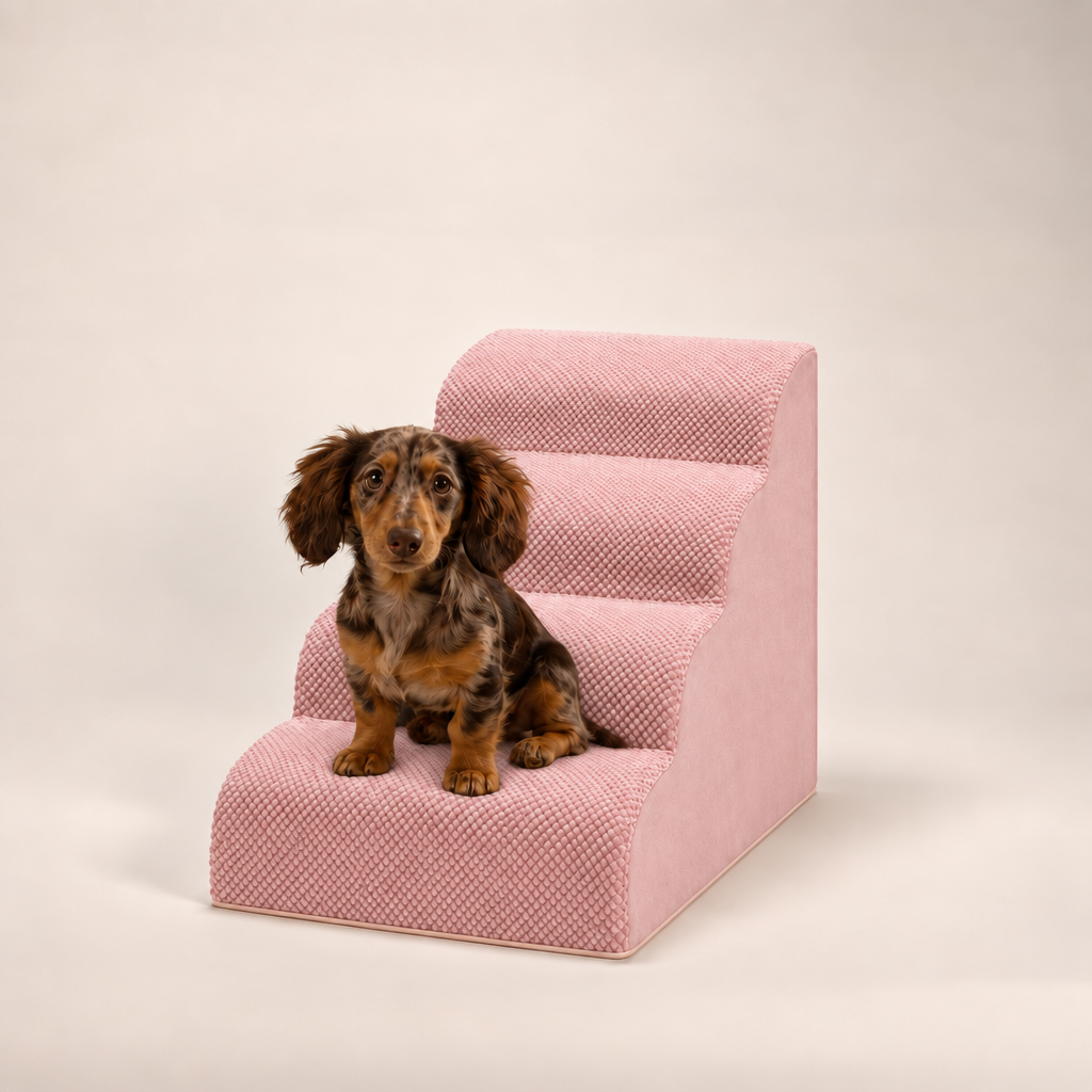 4-step Henley Doxie Stairs in pink, studio shot with a dapple dachshund sitting on the bottom step [dachshund]