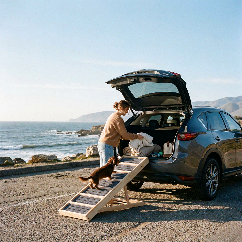 A dachshund walks up the Henley & Bone ramp into the open boot of an SUV [ivdd][car][dachshund]