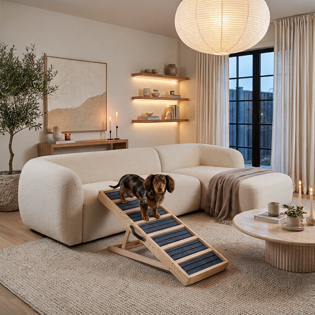 A dachshund walks down the Henley & Bone ramp from a cream sofa [ivdd][couch][dachshund]