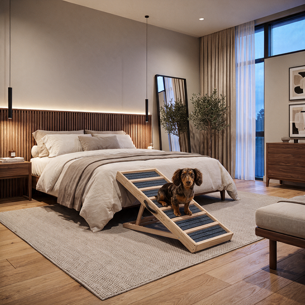 A dachshund stands on the Henley & Bone ramp beside a high bed [ivdd][bed][dachshund]