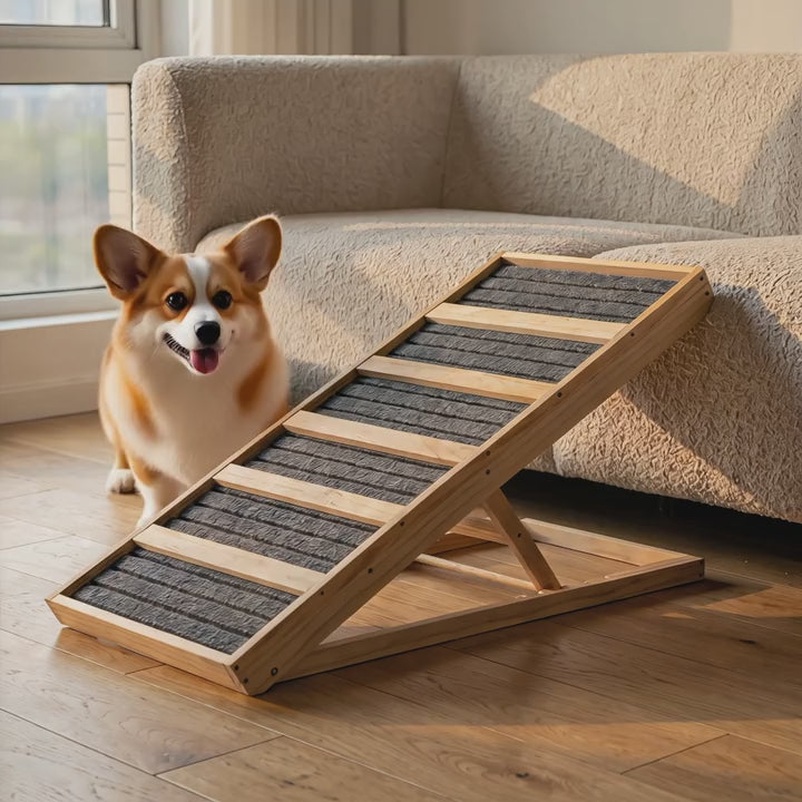 Corgi using the Henley ramp at the couch