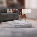 Close-up of the plush fluffy calming dog bed and its raised rim