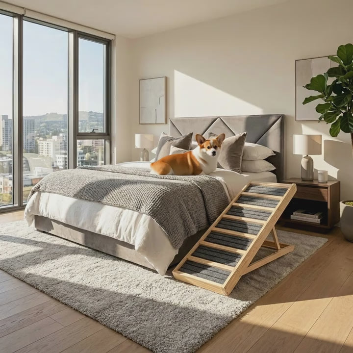 Dog using the Henley ramp beside the bed