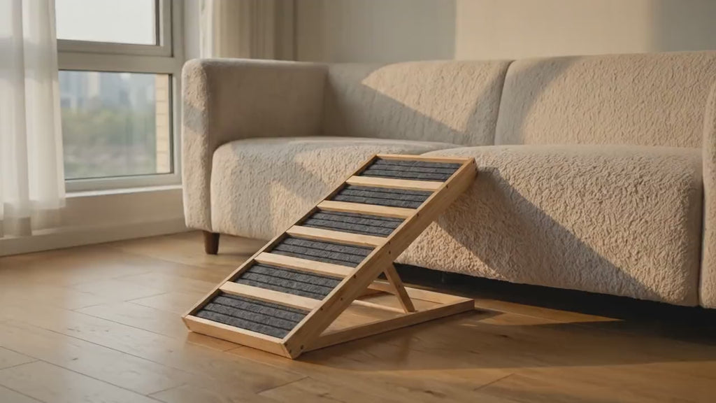 Corgi using the Henley dog ramp to reach the couch