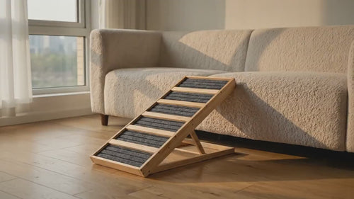 Corgi using the Henley dog ramp to reach the couch