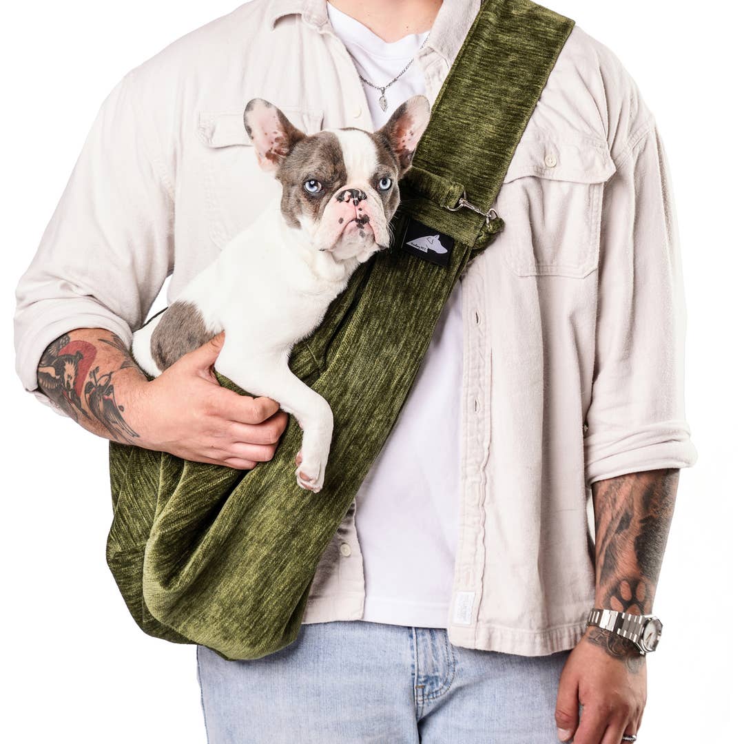 Sierra Sling pet carrier in Olive, worn with a French bulldog inside