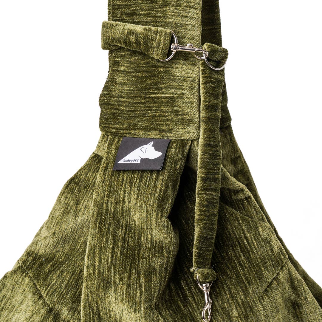 Sierra Sling in Olive, close-up of the strap clip and chenille fabric