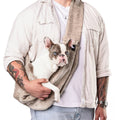 Sierra Sling pet carrier in Taupe, worn with a French bulldog inside