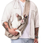 Sierra Sling pet carrier in Taupe, worn with a French bulldog inside