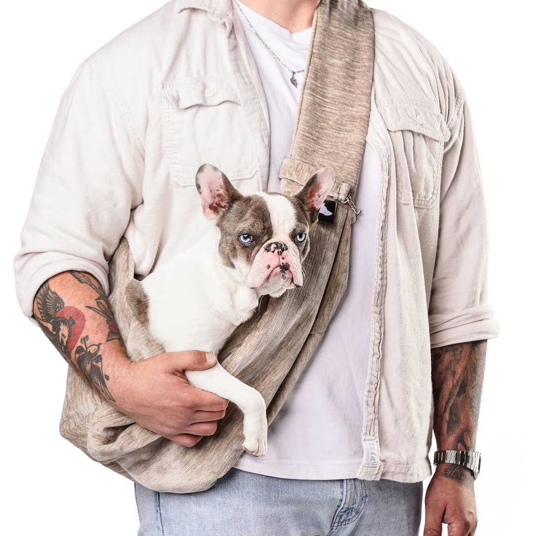 Sierra Sling pet carrier in Taupe, worn with a French bulldog inside