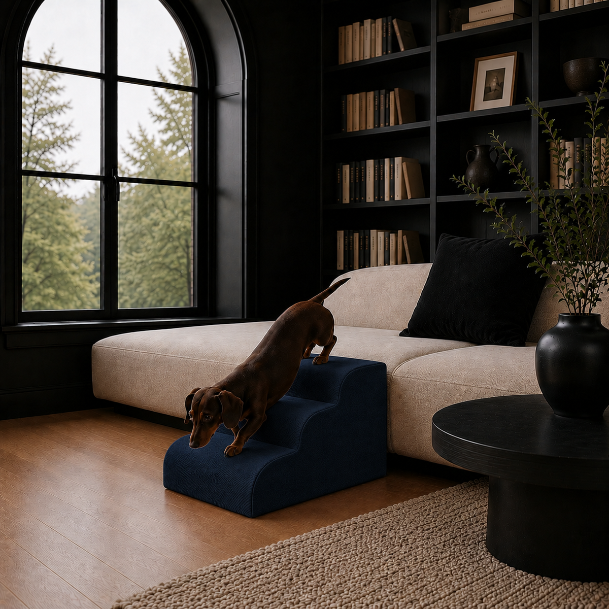3-step Henley Doxie Stairs in navy corduroy beside a sofa