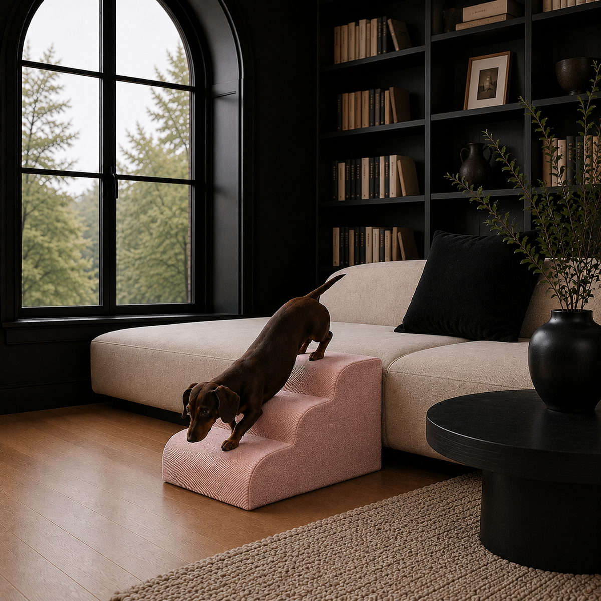3-step Henley Doxie Stairs in pink corduroy beside a sofa
