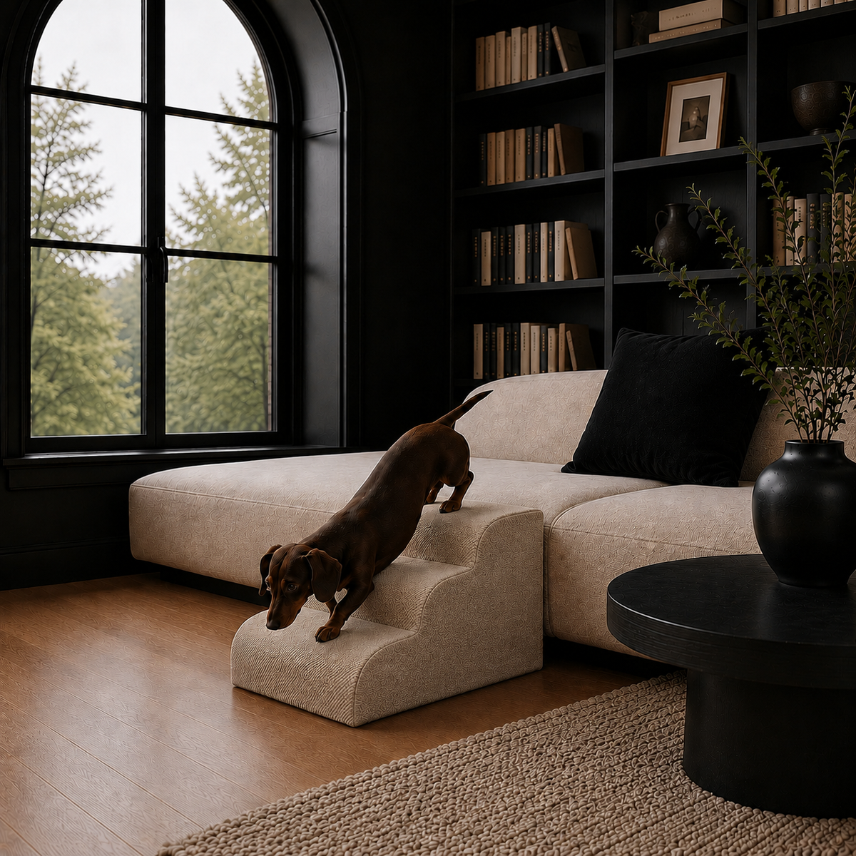3-step Henley Doxie Stairs in taupe corduroy beside a sofa