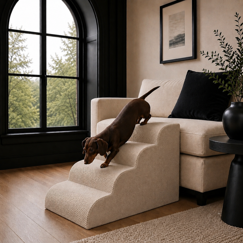 4-step Henley Doxie Stairs in taupe corduroy, a chocolate dachshund walking down from a cream sofa [dachshund]