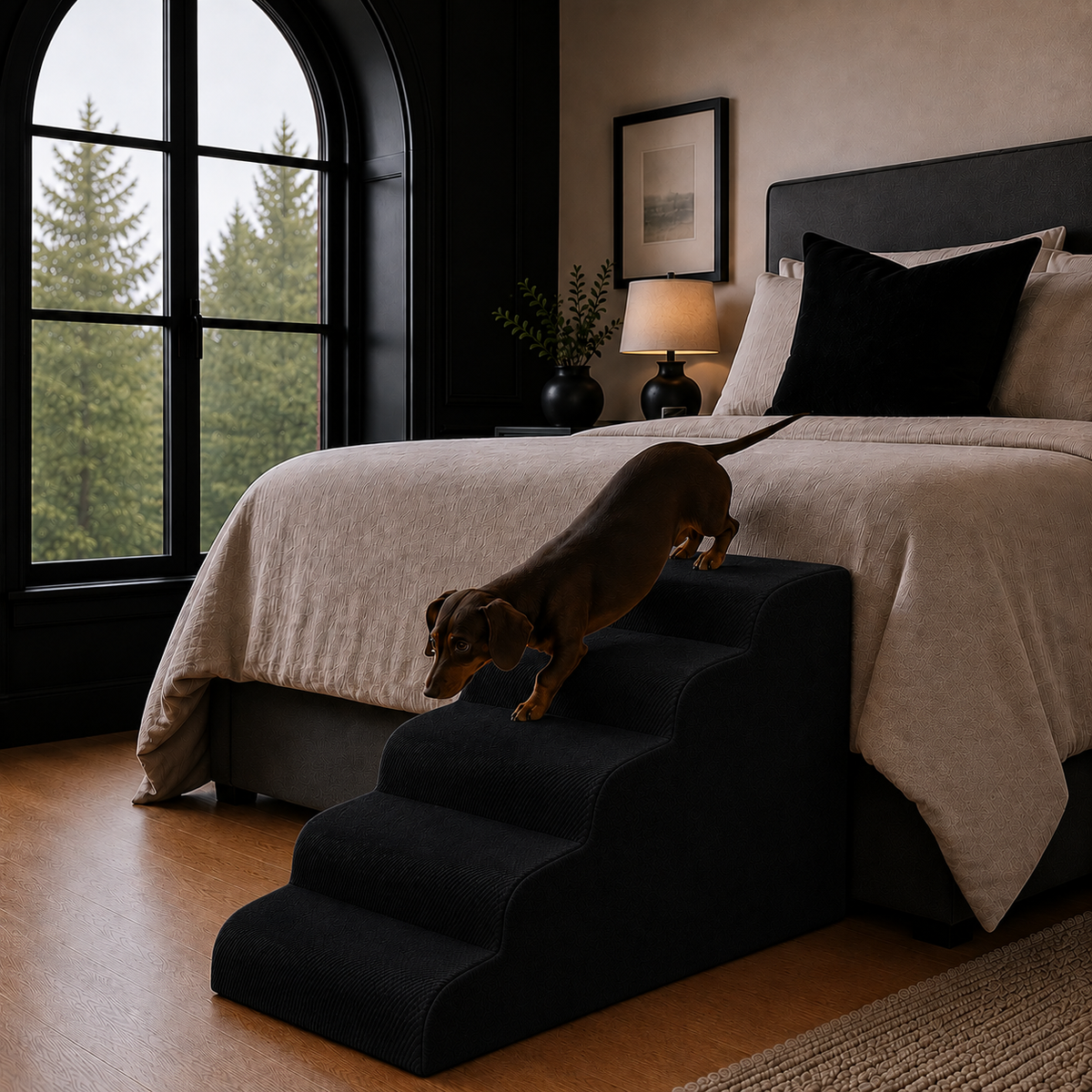 5-step Henley Doxie Stairs in black corduroy beside a bed