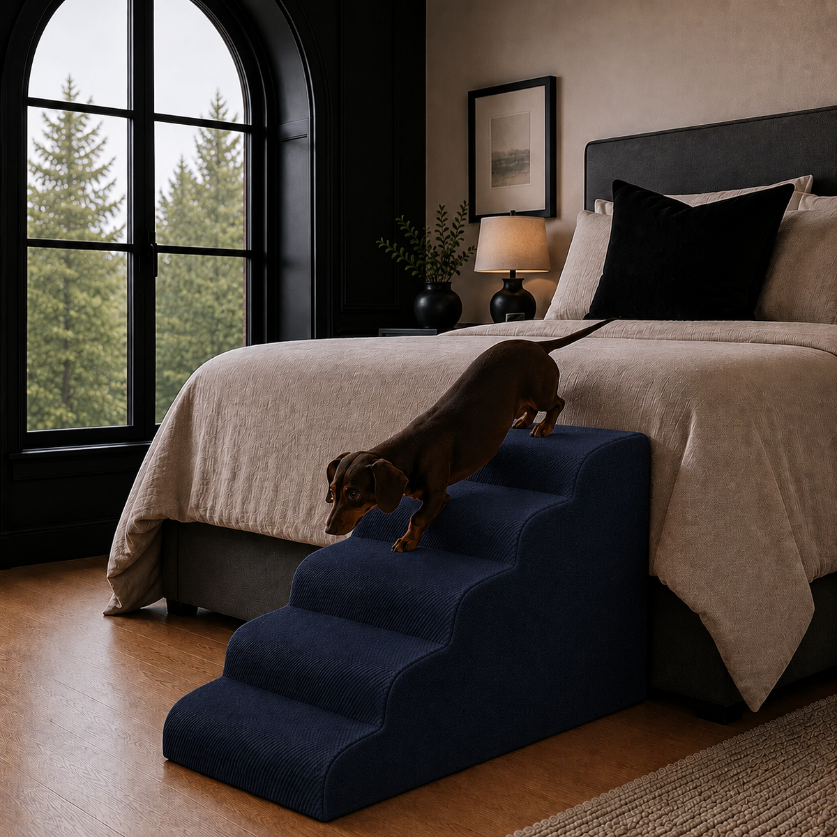 5-step Henley Doxie Stairs in navy corduroy beside a bed