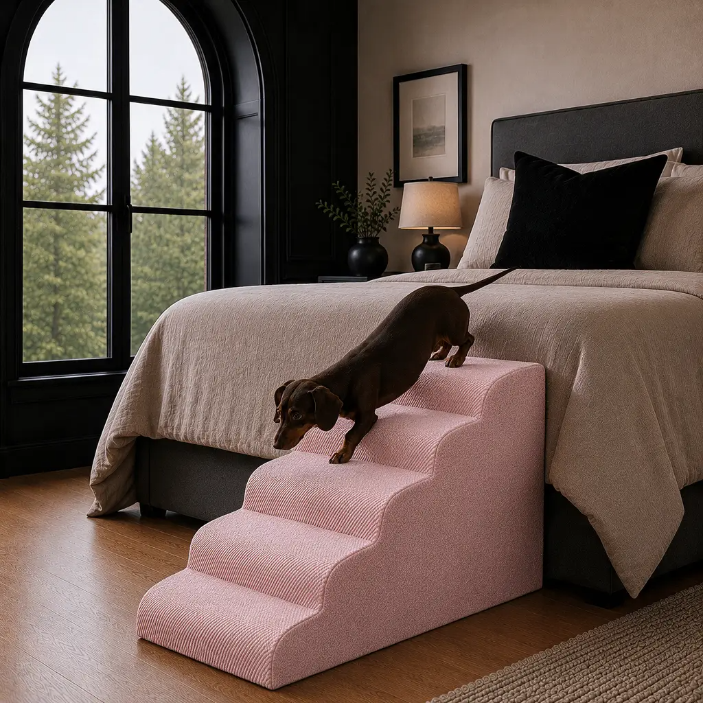 5-step Henley Doxie Stairs in pink corduroy beside a bed