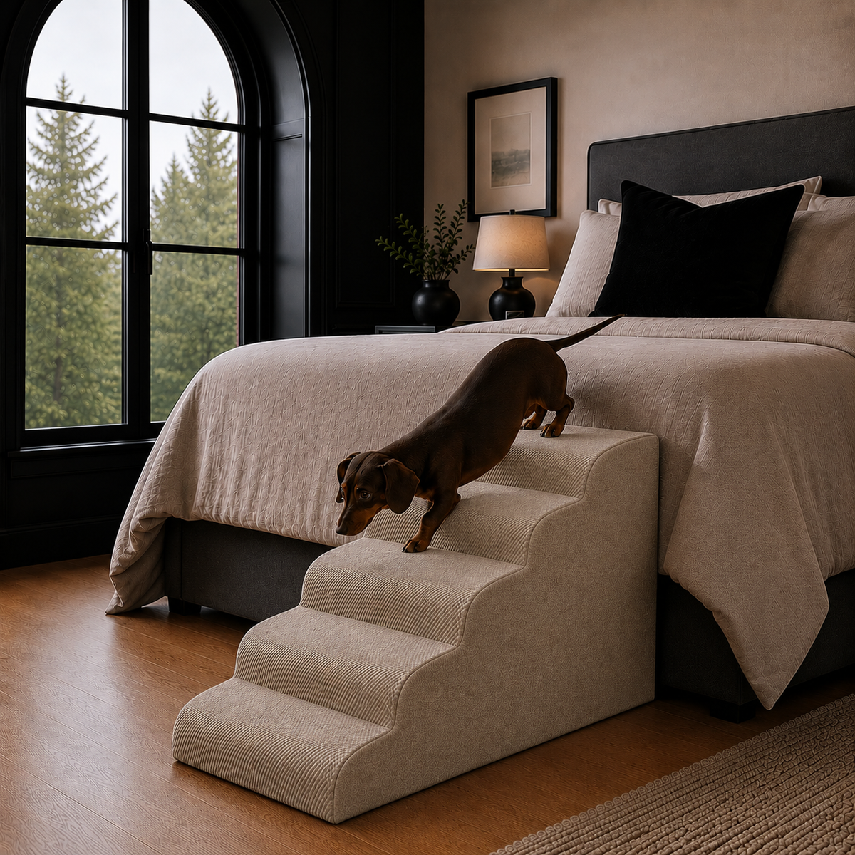 5-step Henley Doxie Stairs in taupe corduroy beside a bed
