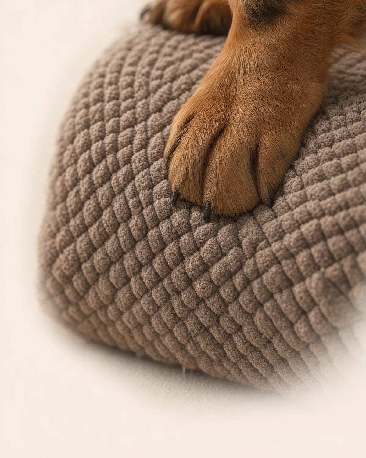Close-up of a dachshund's paw resting on the taupe diamond-knit cover of the Henley Doxie Stairs