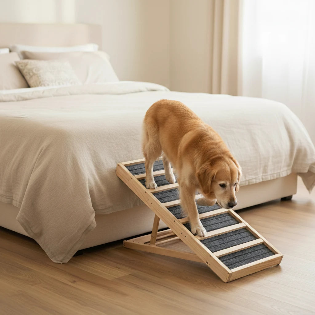 A senior golden retriever walking carefully down a Henley & Bone wooden ramp from a bed